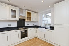 Modern kitchen L shape kitchen in white royalty free stock photos Modern kitchen L shape kitchen in white royalty free stock photos