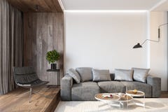 Modern living room interior with blank wall, sofa, lounge chair, table, wooden wall and floor.
