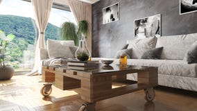 Modern living room with pallet table and beautiful view 3D illustration vector illustration Modern living room with pallet table and beautiful view 3D illustration vector illustration