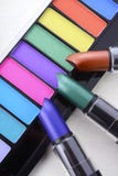 Modern makeup lipstick and eye shadow color range. stock photos Modern makeup lipstick and eye shadow color range. stock photos