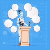 Modern Robot Female Speaker Giving Interview Stand At Podium Futuristic Artificial Intelligence Technology Concept Royalty Free Stock Photo Modern Robot Female Speaker Giving Interview Stand At Podium Futuristic Artificial Intelligence Technology Concept Royalty Free Stock Photo