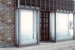 Modern shopfront med det tomma banret stock illustrationer Modern shopfront med det tomma banret stock illustrationer