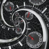Modern silver black fashion clock watch red clock hands twisted to surreal time spiral. Surrealism clock black clock watch abstrac Royalty Free Stock Images Modern silver black fashion clock watch red clock hands twisted to surreal time spiral. Surrealism clock black clock watch abstrac Royalty Free Stock Images