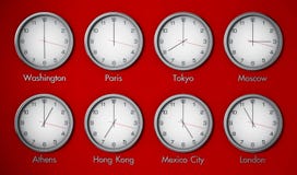 Modern wall clocks showing different time zones of world cities. 3D illustration Royalty Free Stock Photo Modern wall clocks showing different time zones of world cities. 3D illustration Royalty Free Stock Photo