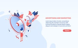 Modern web banner template with giant megaphone or bullhorn, tiny people or office workers and place for text. Internet royalty free illustration Modern web banner template with giant megaphone or bullhorn, tiny people or office workers and place for text. Internet royalty free illustration