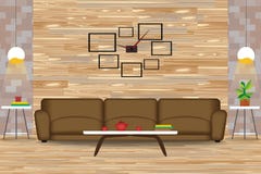 Moderne Art-Innenarchitektur-Vektor-Illustration Sofa vor hölzerner Wand Seitentabellen, Leuchter, Uhr Karikatur-Wohnzimmer wi lizenzfreie abbildung Moderne Art-Innenarchitektur-Vektor-Illustration Sofa vor hölzerner Wand Seitentabellen, Leuchter, Uhr Karikatur-Wohnzimmer wi lizenzfreie abbildung