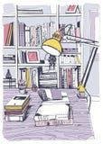Moderne binnenlandse huisbibliotheek, boekenrekken, hand getrokken kleurrijke schetsillustratie vector illustratie Moderne binnenlandse huisbibliotheek, boekenrekken, hand getrokken kleurrijke schetsillustratie vector illustratie