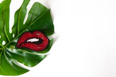 Moderne Brosche in Form der Lippen von den japanischen Perlen auf grünem Blatt von Monstera auf weißem Hintergrund Nahaufnahme, f lizenzfreie stockbilder Moderne Brosche in Form der Lippen von den japanischen Perlen auf grünem Blatt von Monstera auf weißem Hintergrund Nahaufnahme, f lizenzfreie stockbilder