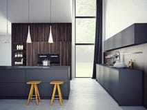 Moderne keuken in een huis of een flat het 3d teruggeven royalty-vrije stock fotografie Moderne keuken in een huis of een flat het 3d teruggeven royalty-vrije stock fotografie