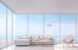 Moderne witte woonkamer met overzees menings 3d teruggevend beeld Er is groot venster overziet aan overzeese mening stock illustratie Moderne witte woonkamer met overzees menings 3d teruggevend beeld Er is groot venster overziet aan overzeese mening stock illustratie