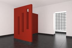 Moderner leerer Innenraum mit roter Wand und Fenstern vektor abbildung Moderner leerer Innenraum mit roter Wand und Fenstern vektor abbildung