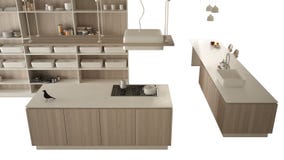Modernt vitt k?k med tr?detaljer i modern lyxig l?genhet, id? f?r inredesignbegrepp som isoleras p? vit arkivfoto Modernt vitt k?k med tr?detaljer i modern lyxig l?genhet, id? f?r inredesignbegrepp som isoleras p? vit arkivfoto