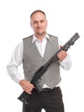 Modieuze mens met geweer stock foto Modieuze mens met geweer stock foto