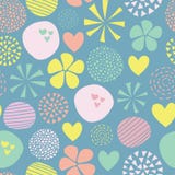Modèle mignon de vecteur de griffonnage avec des fleurs, points, coeurs dans le rose, jaune, vert, bleu Fond sans joint abstrait illustration stock Modèle mignon de vecteur de griffonnage avec des fleurs, points, coeurs dans le rose, jaune, vert, bleu Fond sans joint abstrait illustration stock