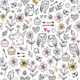 Modèle sans couture avec des hiboux, fleurs, petits gâteaux, flèches, cerises, coeurs Illustration drôle de vecteur Éléments tiré illustration de vecteur Modèle sans couture avec des hiboux, fleurs, petits gâteaux, flèches, cerises, coeurs Illustration drôle de vecteur Éléments tiré illustration de vecteur