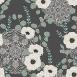 Modèle sans couture avec l'anémone blanche, eucalyptus et avec le mandala fleuri Fond floral avec l'ornement de dentelle illustration stock Modèle sans couture avec l'anémone blanche, eucalyptus et avec le mandala fleuri Fond floral avec l'ornement de dentelle illustration stock