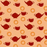 Modèle sans couture avec la théière et la tasse rouge et le bretzel doux illustration libre de droits Modèle sans couture avec la théière et la tasse rouge et le bretzel doux illustration libre de droits