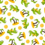 Modèle sans couture avec les crocodiles verts mignons, palmiers, sable, le soleil illustration stock Modèle sans couture avec les crocodiles verts mignons, palmiers, sable, le soleil illustration stock