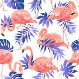 Modèle sans couture d'oiseau de flamant et de fond tropical de fleurs illustration stock Modèle sans couture d'oiseau de flamant et de fond tropical de fleurs illustration stock