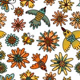Modèle sans couture d'oiseaux, de papillons et de fleurs Illustration mignonne dans le style de bande dessinée pour les textiles illustration stock Modèle sans couture d'oiseaux, de papillons et de fleurs Illustration mignonne dans le style de bande dessinée pour les textiles illustration stock
