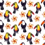 Modèle sans couture de la nature hyperrealistic d'aquarelle des tropiques des toucans noirs et blancs et colorés de l'Asie - et d illustration libre de droits Modèle sans couture de la nature hyperrealistic d'aquarelle des tropiques des toucans noirs et blancs et colorés de l'Asie - et d illustration libre de droits