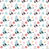 Modèle sans couture de vecteur avec les poulets, les oeufs et les fleurs mignons Conception de Pâques illustration stock Modèle sans couture de vecteur avec les poulets, les oeufs et les fleurs mignons Conception de Pâques illustration stock