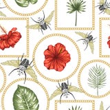 Modèle sans couture de vecteur des feuilles tropicales vertes avec des fleurs de strelitzia illustration stock Modèle sans couture de vecteur des feuilles tropicales vertes avec des fleurs de strelitzia illustration stock