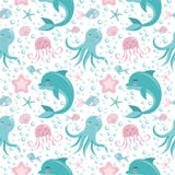 Modèle sans couture mignon avec des animaux de mer Poulpe, dauphin, méduse, coquille, poisson, étoiles de mer Monde sous-marin illustration libre de droits Modèle sans couture mignon avec des animaux de mer Poulpe, dauphin, méduse, coquille, poisson, étoiles de mer Monde sous-marin illustration libre de droits