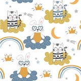 Modèle sans couture puéril avec les chats et le lapin mignons fond de vecteur pour des enfants, tissu, textile, papier d'emballag illustration stock Modèle sans couture puéril avec les chats et le lapin mignons fond de vecteur pour des enfants, tissu, textile, papier d'emballag illustration stock