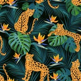 Modèle à la mode de léopard avec les feuilles tropicales et les fleurs exotiques Texture sans joint de vecteur illustration libre de droits Modèle à la mode de léopard avec les feuilles tropicales et les fleurs exotiques Texture sans joint de vecteur illustration libre de droits