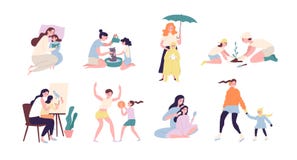 Moeder en dochter die dagelijkse activiteiten uitvoeren samen - lezingsboek, plantend boom, lopend onder regen, het spelen vector illustratie Moeder en dochter die dagelijkse activiteiten uitvoeren samen - lezingsboek, plantend boom, lopend onder regen, het spelen vector illustratie