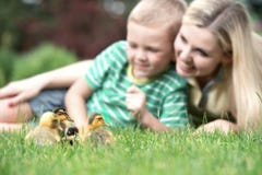 Moeder en zoon die op gras liggen en als een kleine eendgang kijken royalty-vrije stock foto Moeder en zoon die op gras liggen en als een kleine eendgang kijken royalty-vrije stock foto