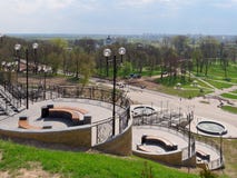 MOGILEV, BELARUS - APRIL 27, 2019: park area with a staircase and a fountain royalty free stock photos MOGILEV, BELARUS - APRIL 27, 2019: park area with a staircase and a fountain royalty free stock photos