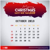 Molde do calendário 2019 de outubro Feliz Natal e fundo vermelho do encabe?amento do ano novo feliz ilustração royalty free Molde do calendário 2019 de outubro Feliz Natal e fundo vermelho do encabe?amento do ano novo feliz ilustração royalty free