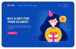 Molde do Web site para aqueles que querem um presente Menina que prende um presente e um sorriso ilustração royalty free Molde do Web site para aqueles que querem um presente Menina que prende um presente e um sorriso ilustração royalty free
