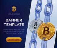 Molde editável da bandeira da moeda cripto Bitcoin Ethereum moedas físicas isométricas do bocado 3D Bitcoin e prata dourados Ethe ilustração do vetor Molde editável da bandeira da moeda cripto Bitcoin Ethereum moedas físicas isométricas do bocado 3D Bitcoin e prata dourados Ethe ilustração do vetor