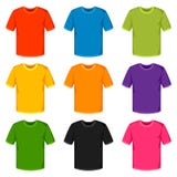 Moldes coloridos dos t-shirt Grupo de roupa relativa à promoção e da propaganda ilustração stock Moldes coloridos dos t-shirt Grupo de roupa relativa à promoção e da propaganda ilustração stock