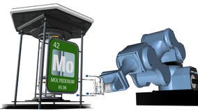 Molybdenum symbol in square shape with metallic edge in front of a mechanical arm that will hold a chemical container. 3D render. vector illustration Molybdenum symbol in square shape with metallic edge in front of a mechanical arm that will hold a chemical container. 3D render. vector illustration