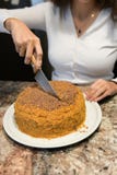 Mom cuts and serves a piece of freshly baked cake, which they have just made at home. The girl baked a cake and slices it stock photo Mom cuts and serves a piece of freshly baked cake, which they have just made at home. The girl baked a cake and slices it stock photo