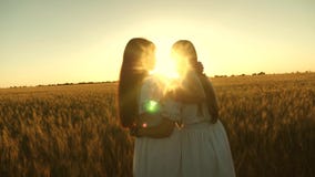 Mom gently hugs daughter against backdrop of a beautiful sunset. happy family concept. adult daughter in arms of her stock video Mom gently hugs daughter against backdrop of a beautiful sunset. happy family concept. adult daughter in arms of her stock video