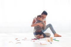 Mom hugs her son sadness love royalty free stock image Mom hugs her son sadness love royalty free stock image
