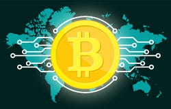Moneda digital del bitcoin de oro y globo del mundo ilustración del vector Moneda digital del bitcoin de oro y globo del mundo ilustración del vector
