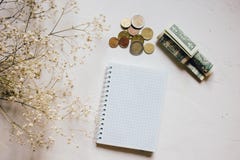 Monete dei soldi e contanti, fiore asciutto, taccuino vuoto su bianco immagini stock libere da diritti Monete dei soldi e contanti, fiore asciutto, taccuino vuoto su bianco immagini stock libere da diritti