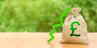 Money Bag With Pound Sterling Symbol And Green Up Arrow. The Growth Of The National Economy And The Strength Of The Exchange Rate Stock Photography