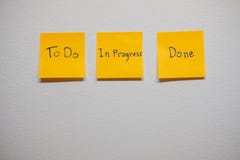 Monitor task of work concept, To do, In progress, Done Note reminder yellow sticker or post note on a white wall close up,. stock image Monitor task of work concept, To do, In progress, Done Note reminder yellow sticker or post note on a white wall close up,. stock image