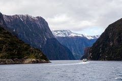 Montagne di Milford Sound in acqua fotografia stock Montagne di Milford Sound in acqua fotografia stock