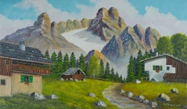 Montaña nevada con las casas en el primero plano ilustración del vector Montaña nevada con las casas en el primero plano ilustración del vector