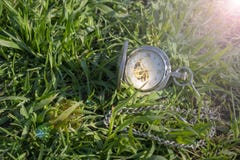 Montre de poche de cru dans la main masculine sur un fond d'herbe verte Montre de Steampunk Jour d'?t? ensoleill? Le mécanisme d' image libre de droits Montre de poche de cru dans la main masculine sur un fond d'herbe verte Montre de Steampunk Jour d'?t? ensoleill? Le mécanisme d' image libre de droits