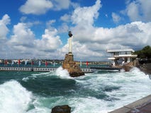 Monument to the scuttled ships during a small storm, Black Sea, Sevastopol Bay, Crimea royalty free stock photos Monument to the scuttled ships during a small storm, Black Sea, Sevastopol Bay, Crimea royalty free stock photos