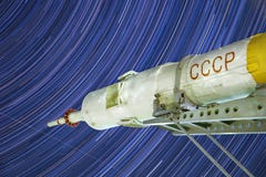 Monument to the Soyuz rocket. Third stage. Manned spacecraft. Startrails background. stock photography Monument to the Soyuz rocket. Third stage. Manned spacecraft. Startrails background. stock photography